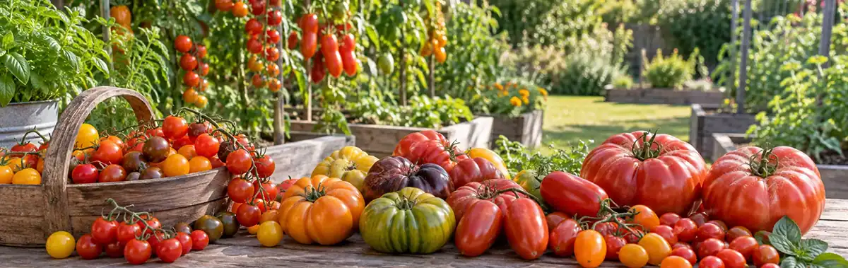 Cherry, Roma, grape, beefsteak and colourful heirloom tomato varieties displayed in a backyard garden
