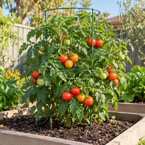 Compact determinate tomato plant with ripe red and developing tomatoes supported by a cage in a raised garden bed