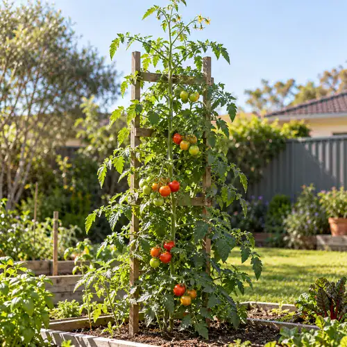 Tall indeterminate tomato plant with ripening fruit and flowers trained vertically on a timber trellis