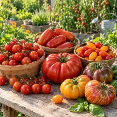 Cherry, Roma, beefsteak, grape and colourful heirloom tomato varieties displayed together