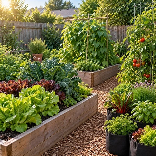 Backyard vegetable garden with raised beds and black grow bags positioned beside clear garden pathways