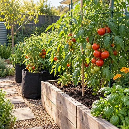 Ripe tomatoes growing in a raised backyard garden bed beside black grow bags