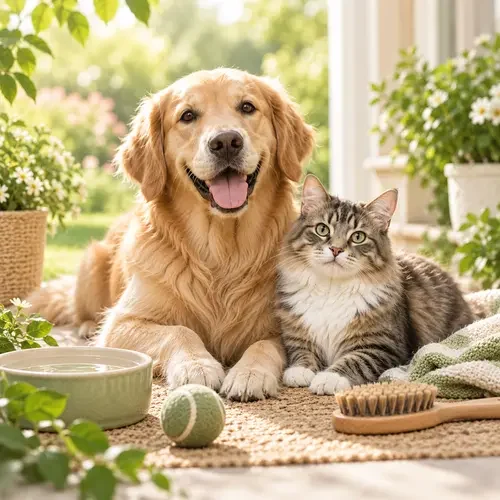 Golden retriever and tabby cat with a water bowl, toy and grooming brush